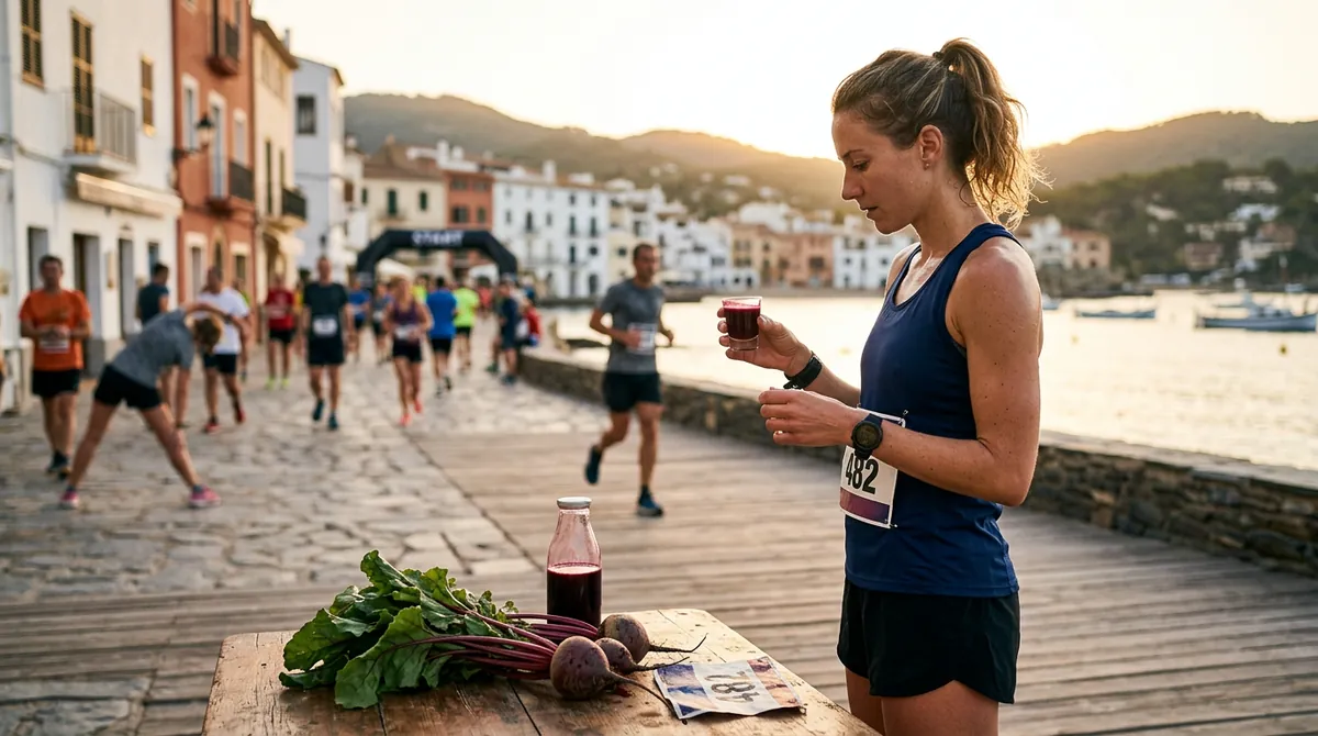 Corredora con dorsal tomando un chupito de zumo de remolacha antes de la salida de una carrera junto al mar, con remolachas frescas sobre una mesa